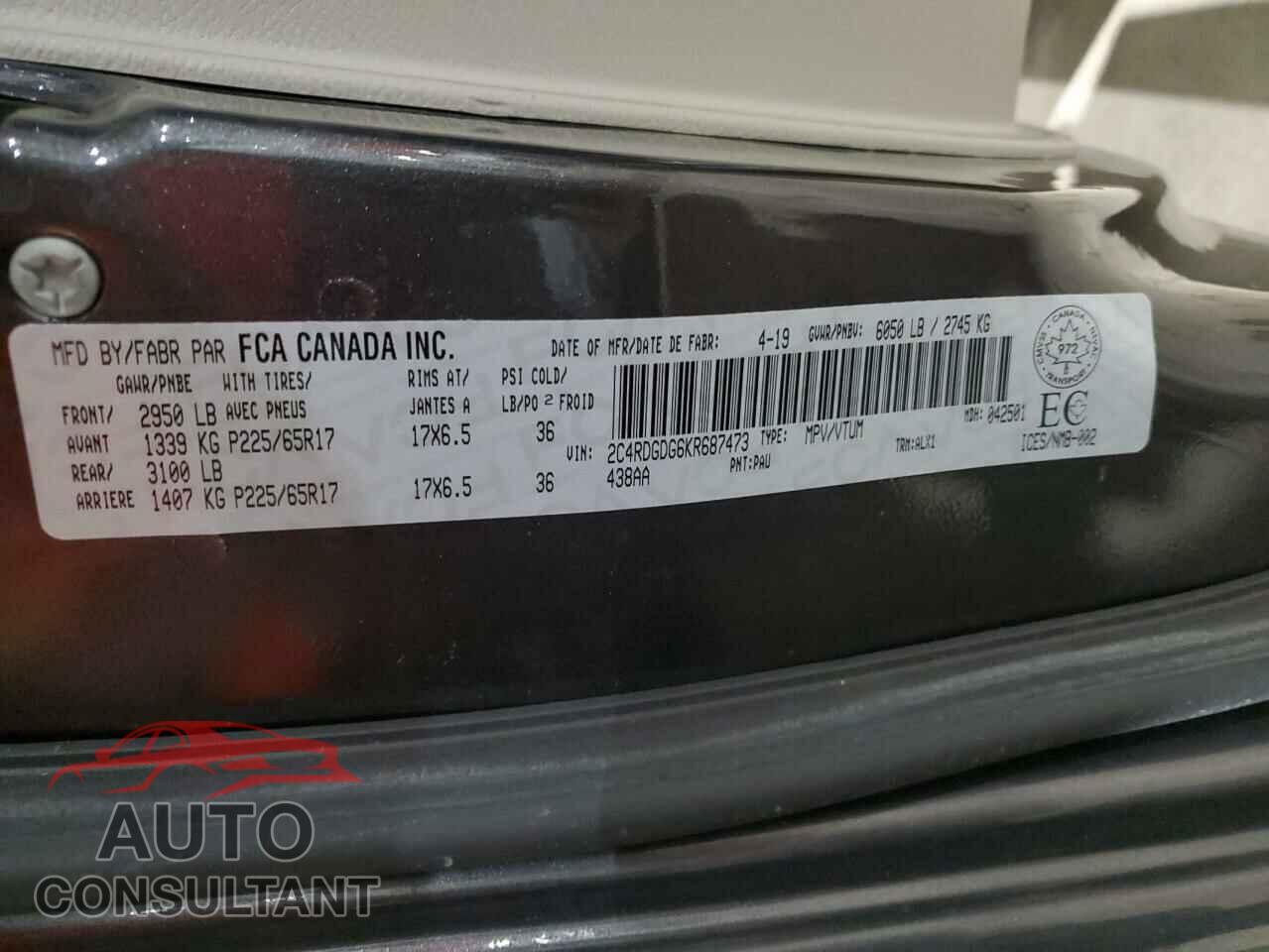 DODGE CARAVAN 2019 - 2C4RDGDG6KR687473