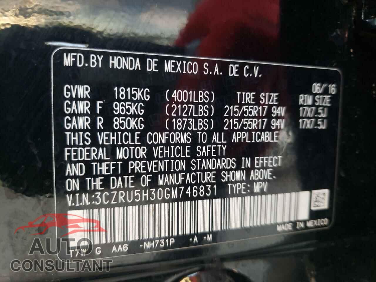 HONDA HR-V 2016 - 3CZRU5H30GM746831