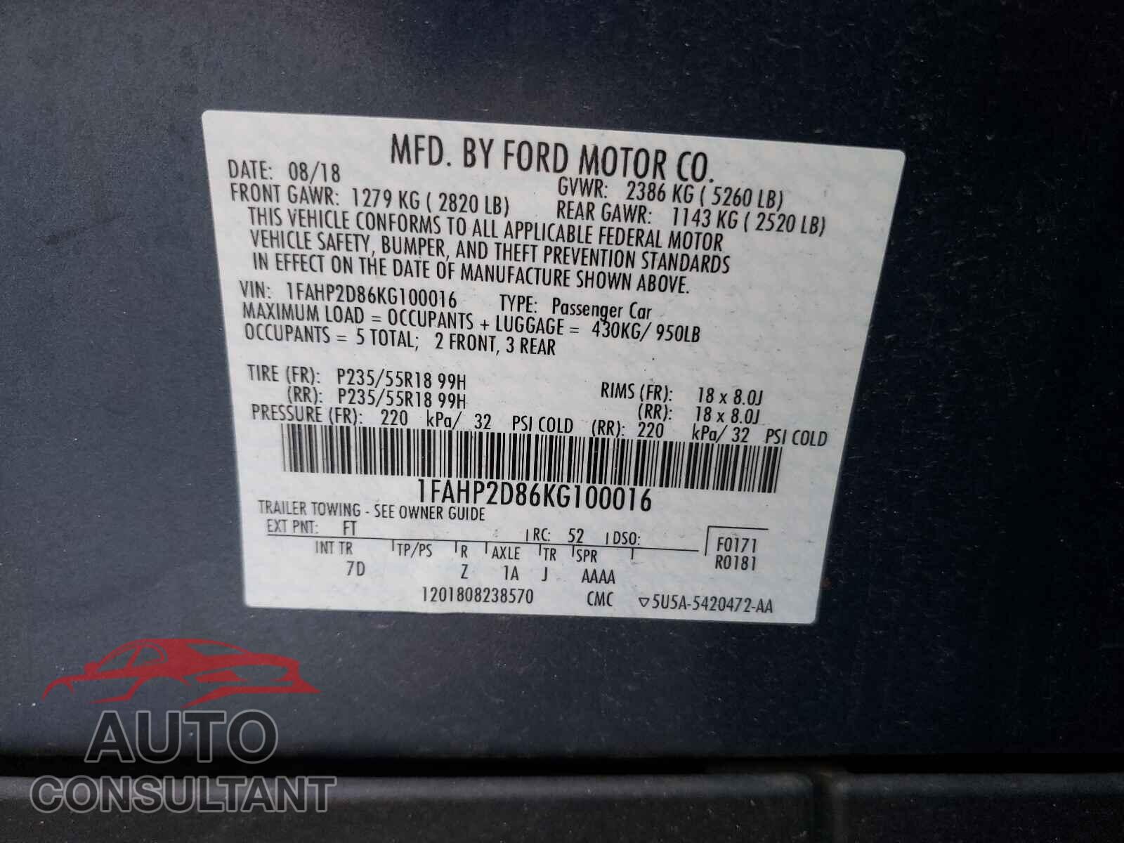 FORD TAURUS 2019 - 1FAHP2D86KG100016