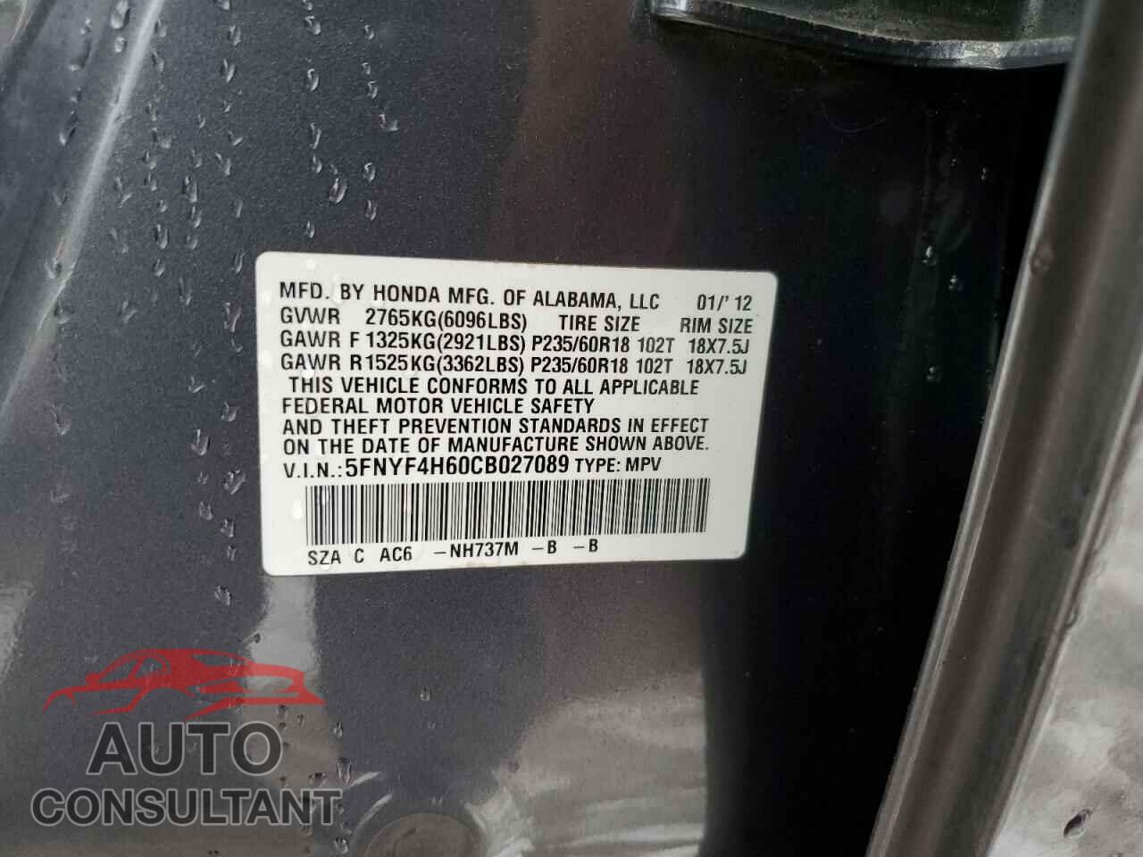 HONDA PILOT 2012 - 5FNYF4H60CB027089
