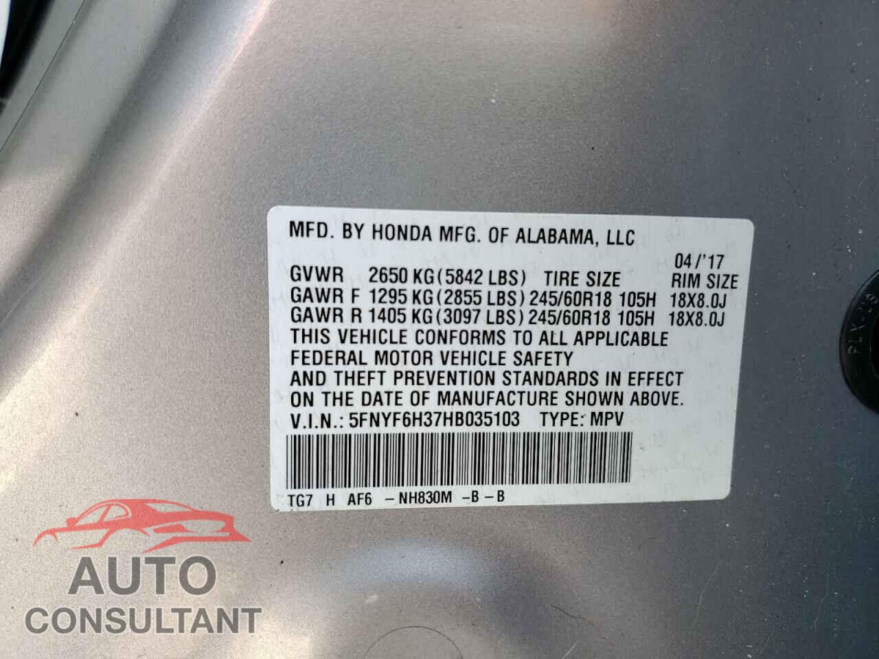 HONDA PILOT 2017 - 5FNYF6H37HB035103
