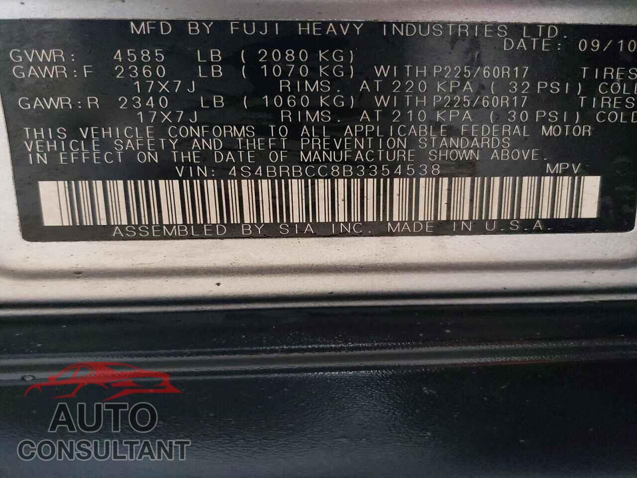 SUBARU OUTBACK 2011 - 4S4BRBCC8B3354538