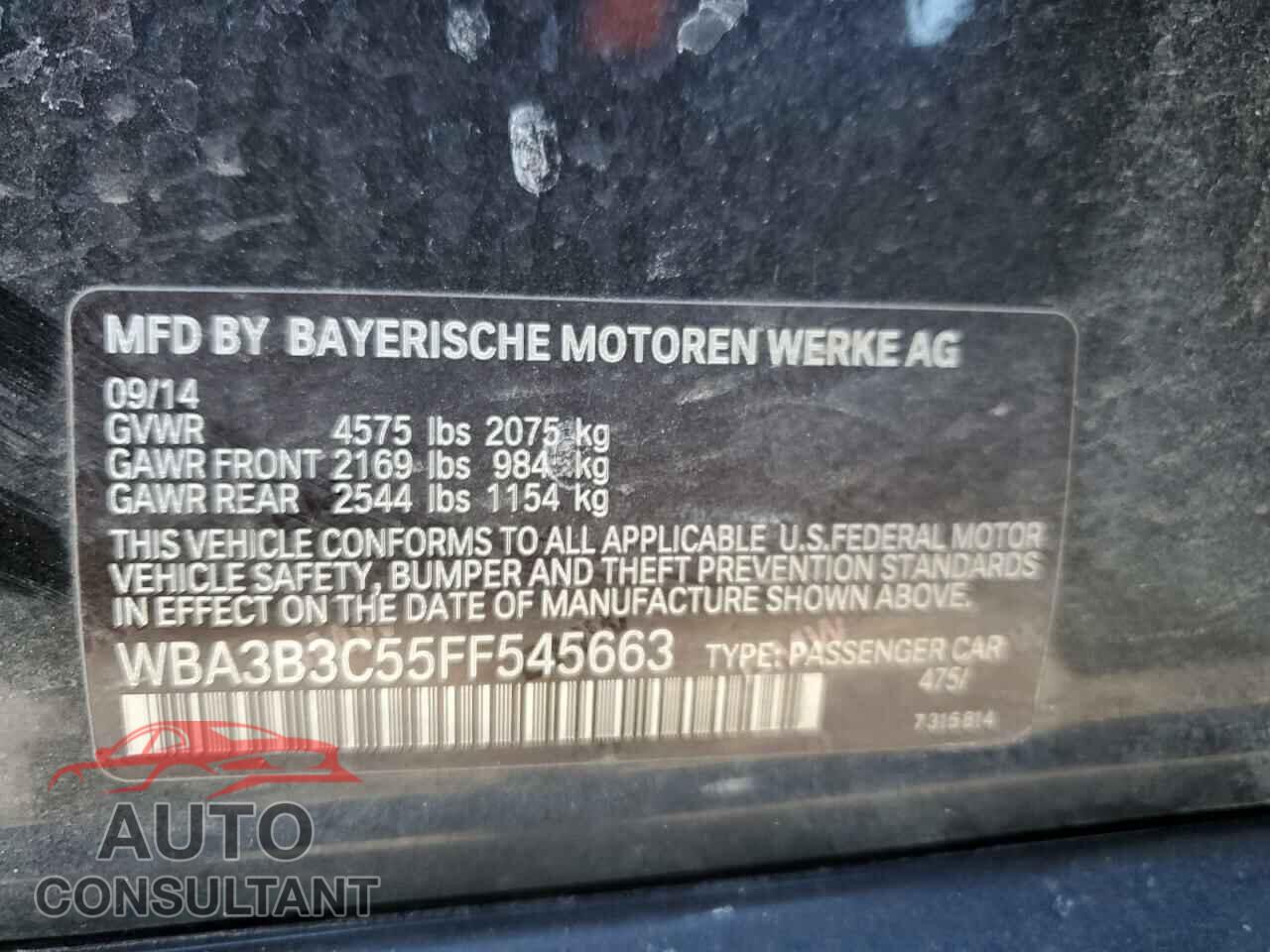 BMW 3 SERIES 2015 - WBA3B3C55FF545663
