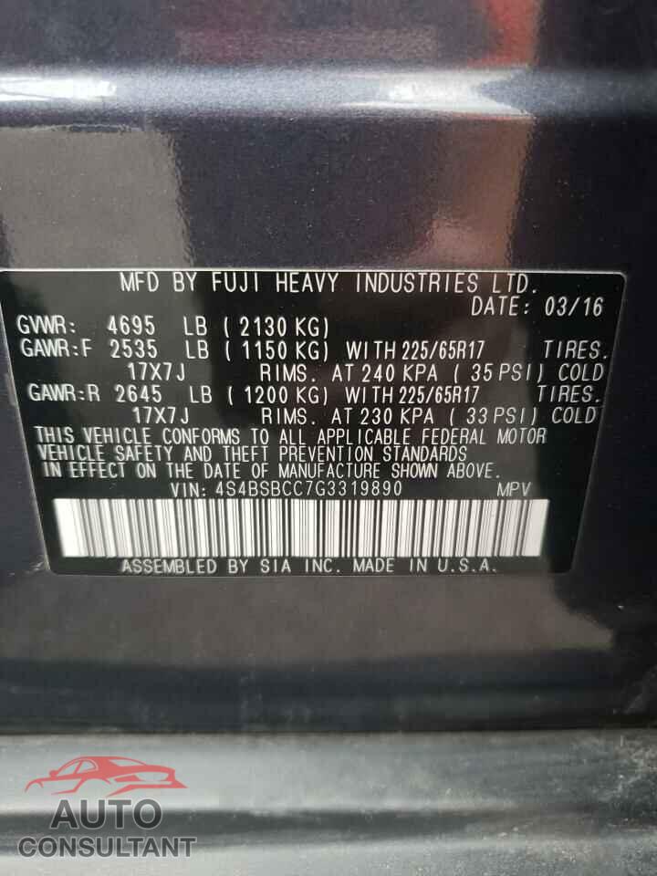 SUBARU OUTBACK 2016 - 4S4BSBCC7G3319890