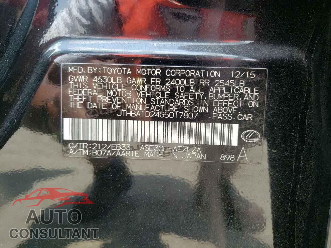 LEXUS IS 2016 - JTHBA1D24G5017807