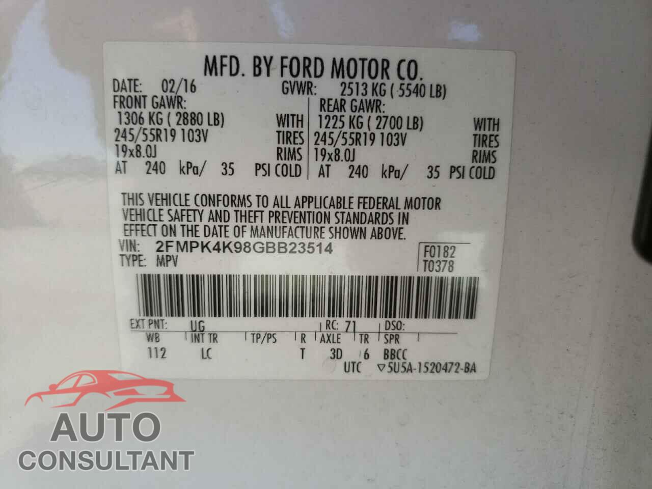 FORD EDGE 2016 - 2FMPK4K98GBB23514