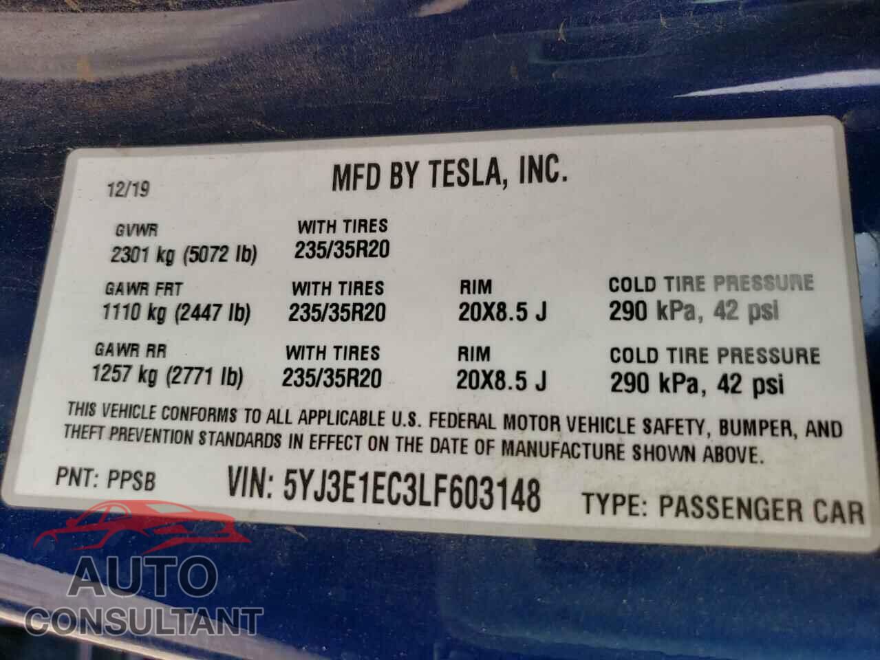 TESLA MODEL 3 2020 - 5YJ3E1EC3LF603148