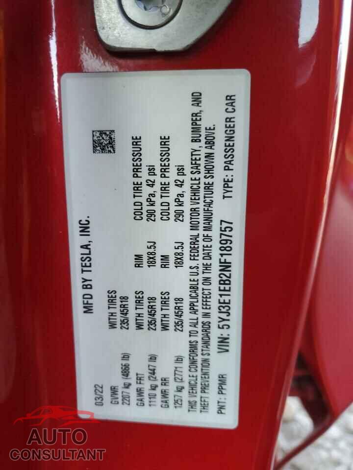 TESLA MODEL 3 2022 - 5YJ3E1EB2NF189757