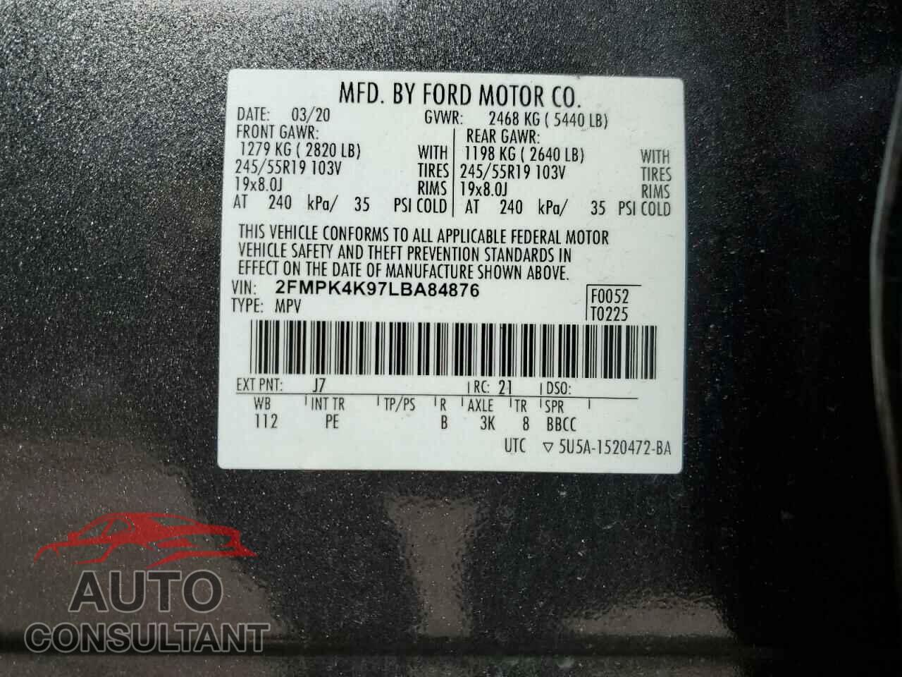 FORD EDGE 2020 - 2FMPK4K97LBA84876