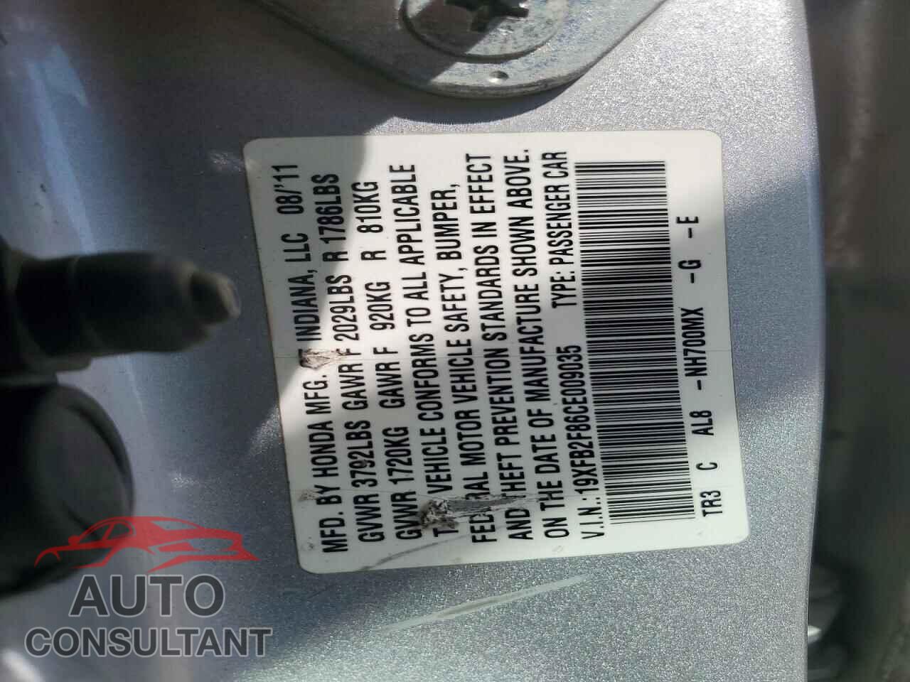 HONDA CIVIC 2012 - 19XFB2F86CE009035