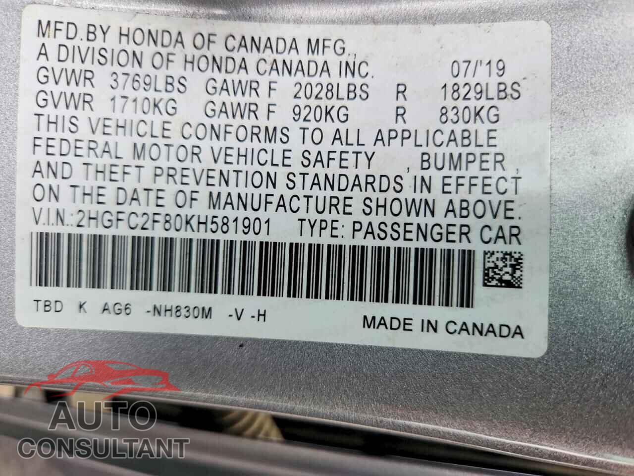 HONDA CIVIC 2019 - 2HGFC2F80KH581901
