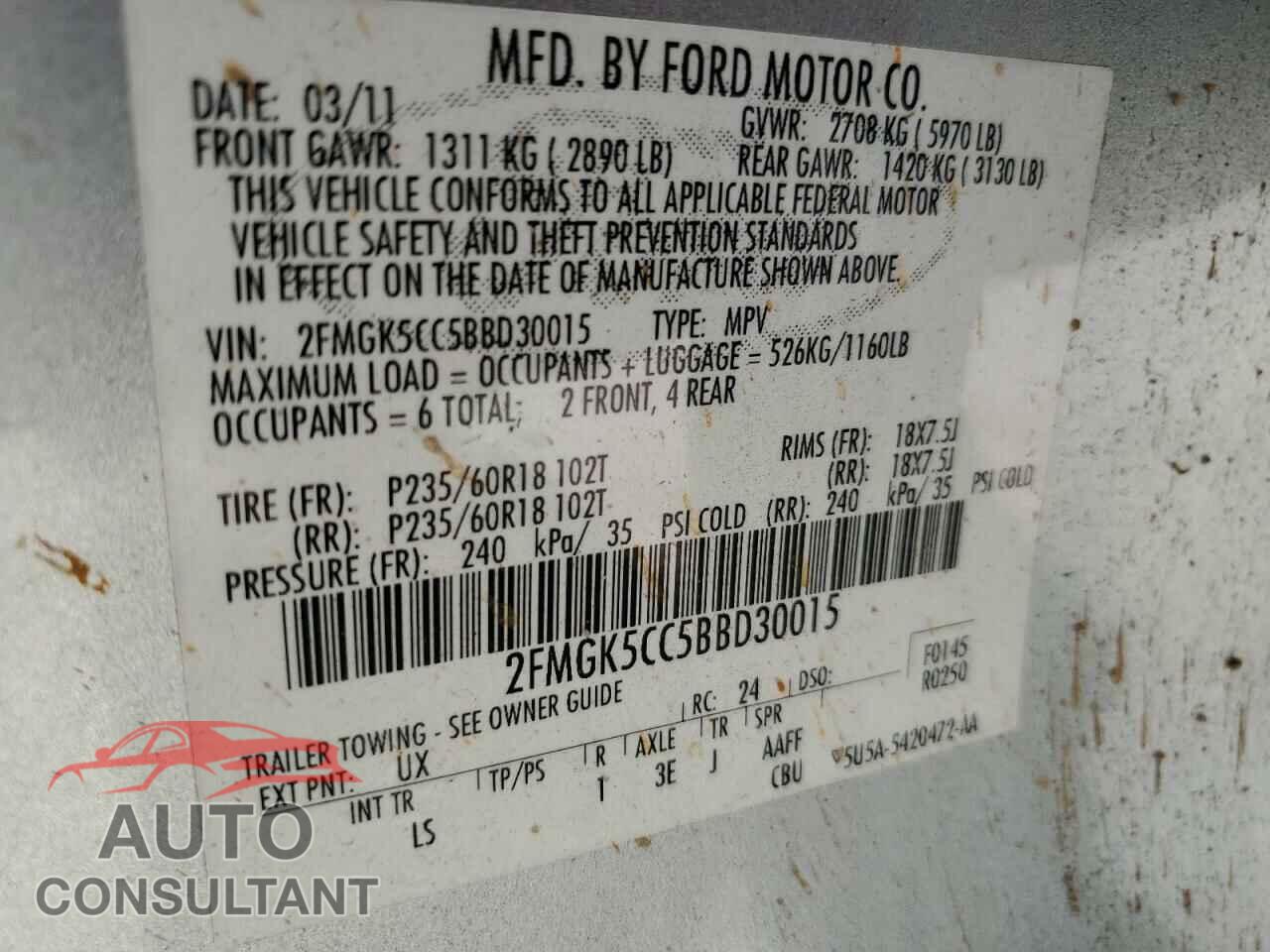 FORD FLEX 2011 - 2FMGK5CC5BBD30015