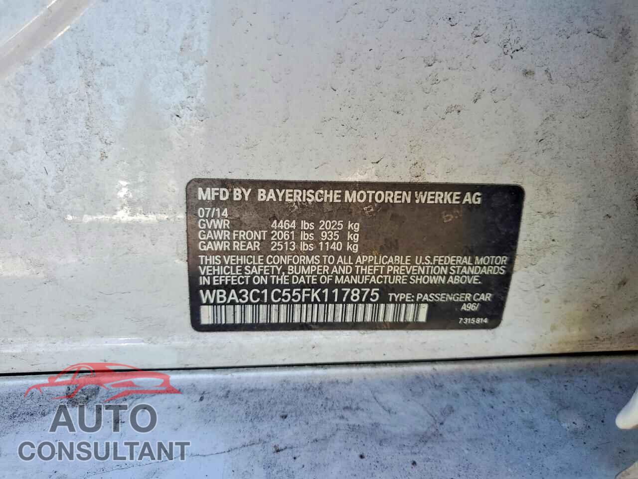 BMW 3 SERIES 2015 - WBA3C1C55FK117875