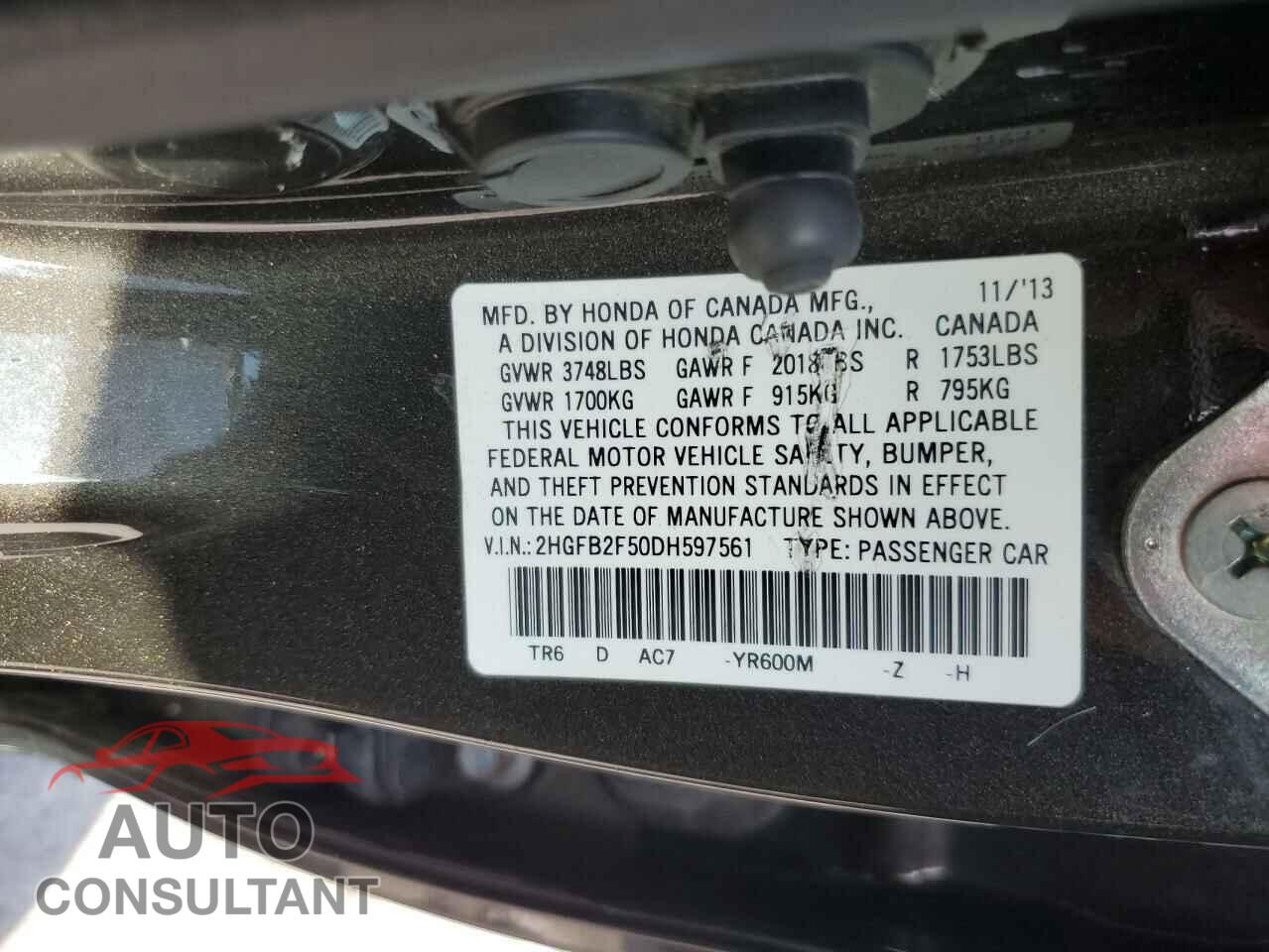 HONDA CIVIC 2013 - 2HGFB2F50DH597561