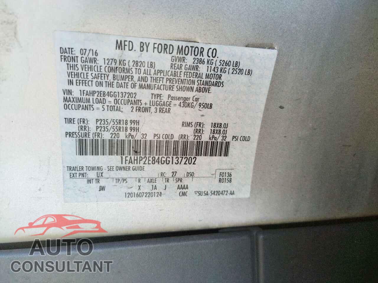 FORD TAURUS 2016 - 1FAHP2E84GG137202