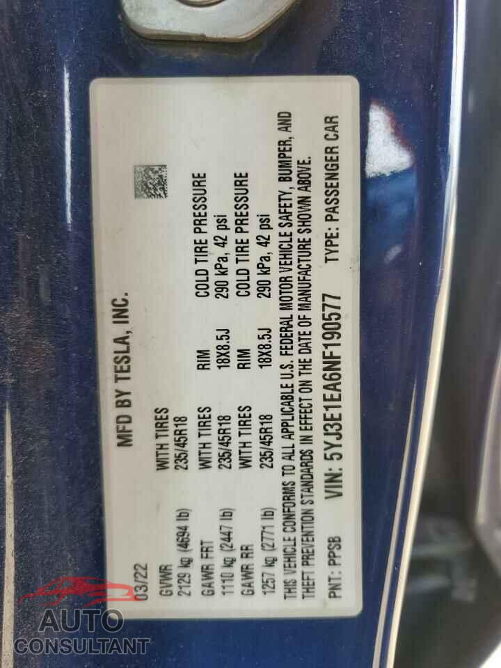 TESLA MODEL 3 2022 - 5YJ3E1EA6NF190577