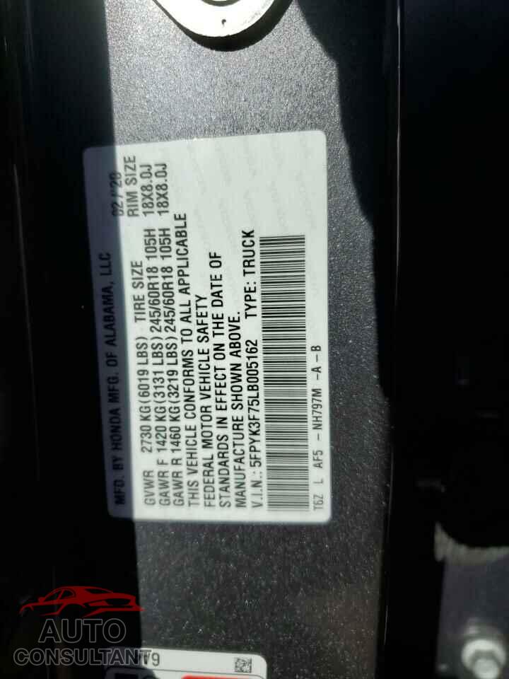 HONDA RIDGELINE 2020 - 5FPYK3F75LB005162
