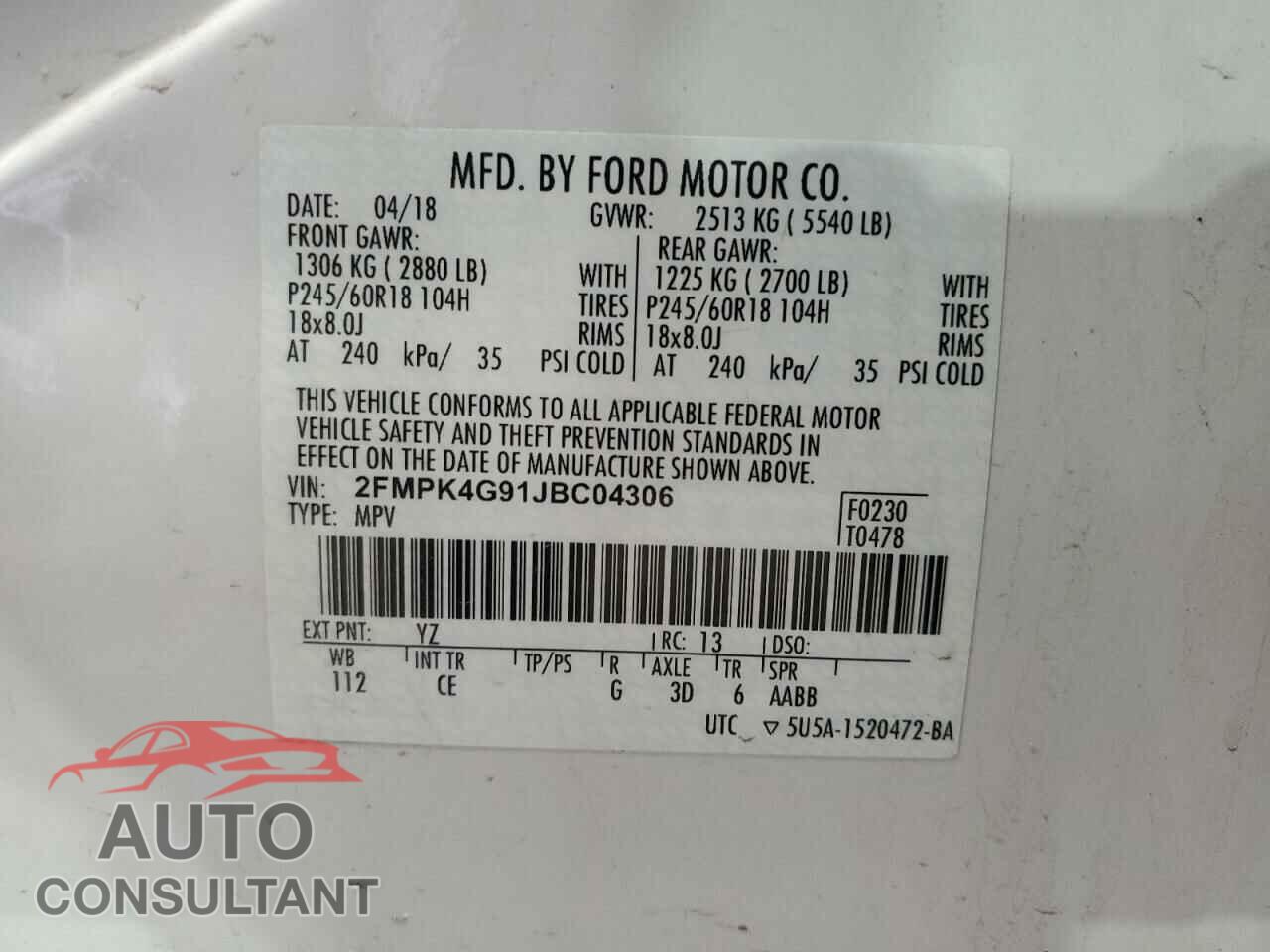 FORD EDGE 2018 - 2FMPK4G91JBC04306