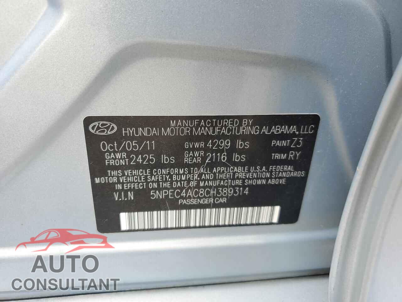 HYUNDAI SONATA 2012 - 5NPEC4AC8CH389314