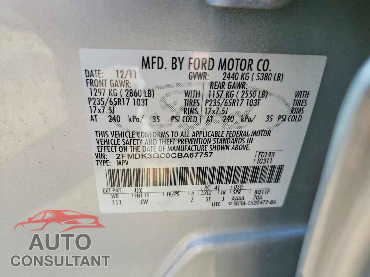 FORD EDGE 2012 - 2FMDK3GC0CBA67757
