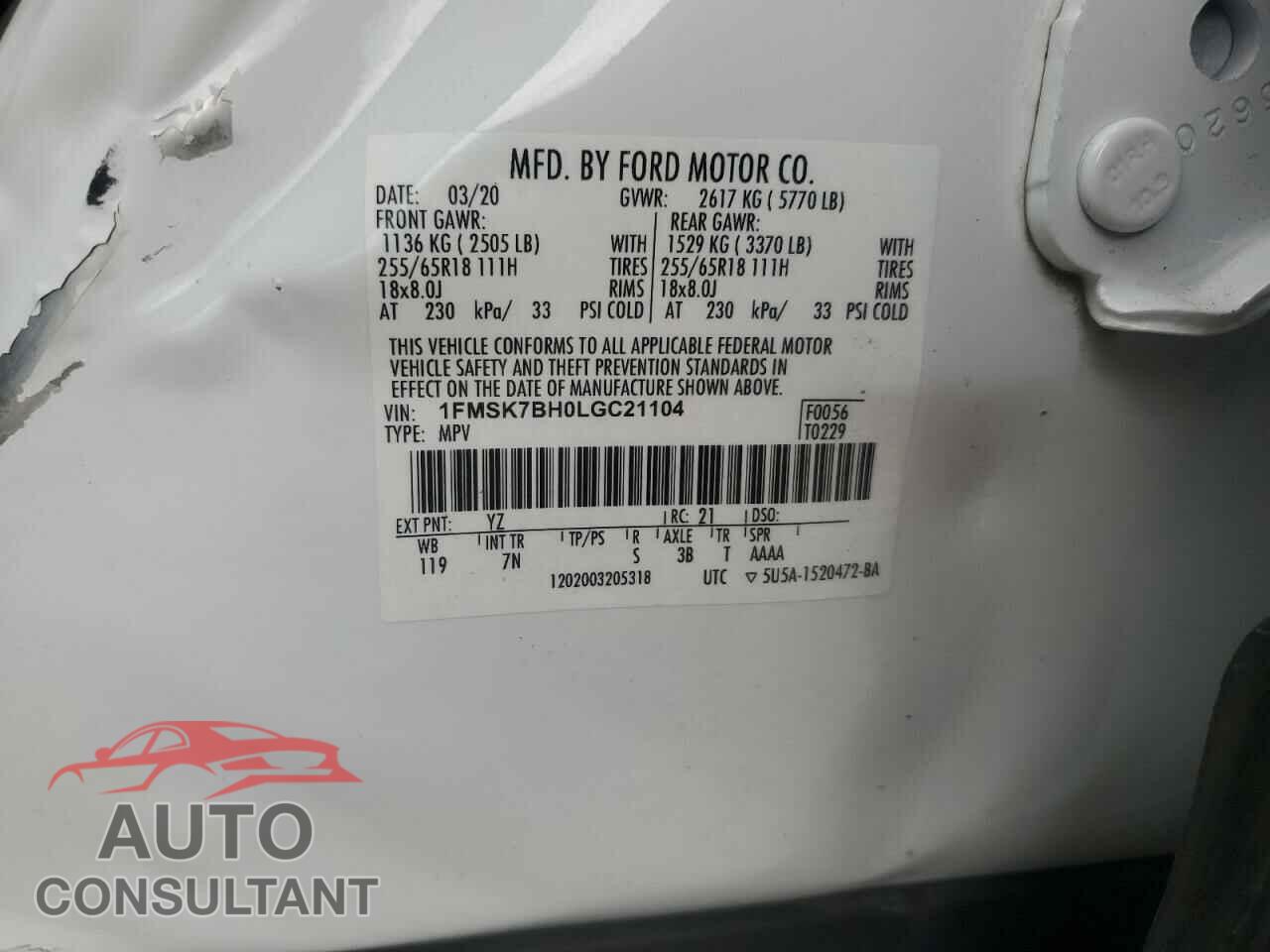 FORD EXPLORER 2020 - 1FMSK7BH0LGC21104