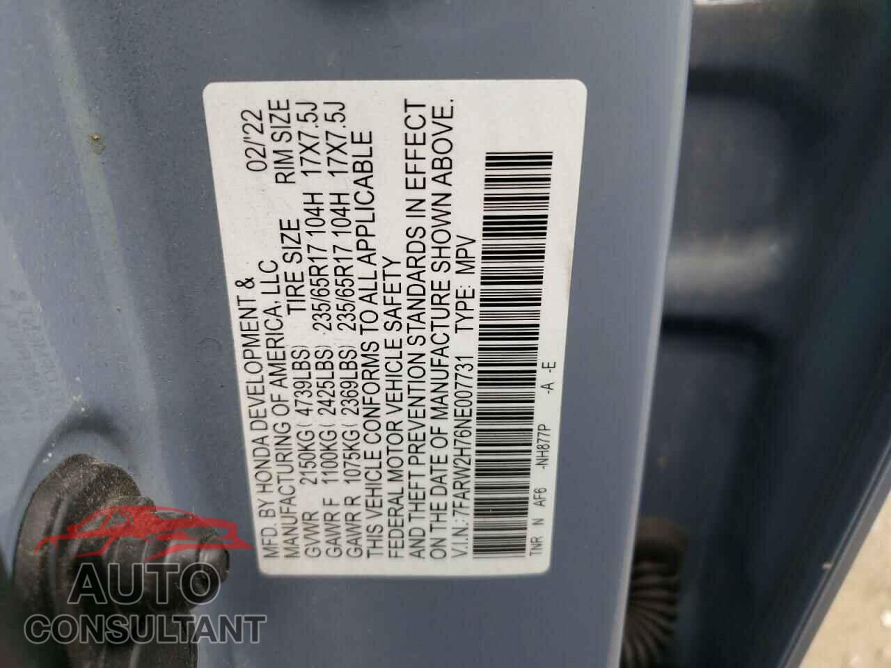 HONDA CRV 2022 - 7FARW2H76NE007731