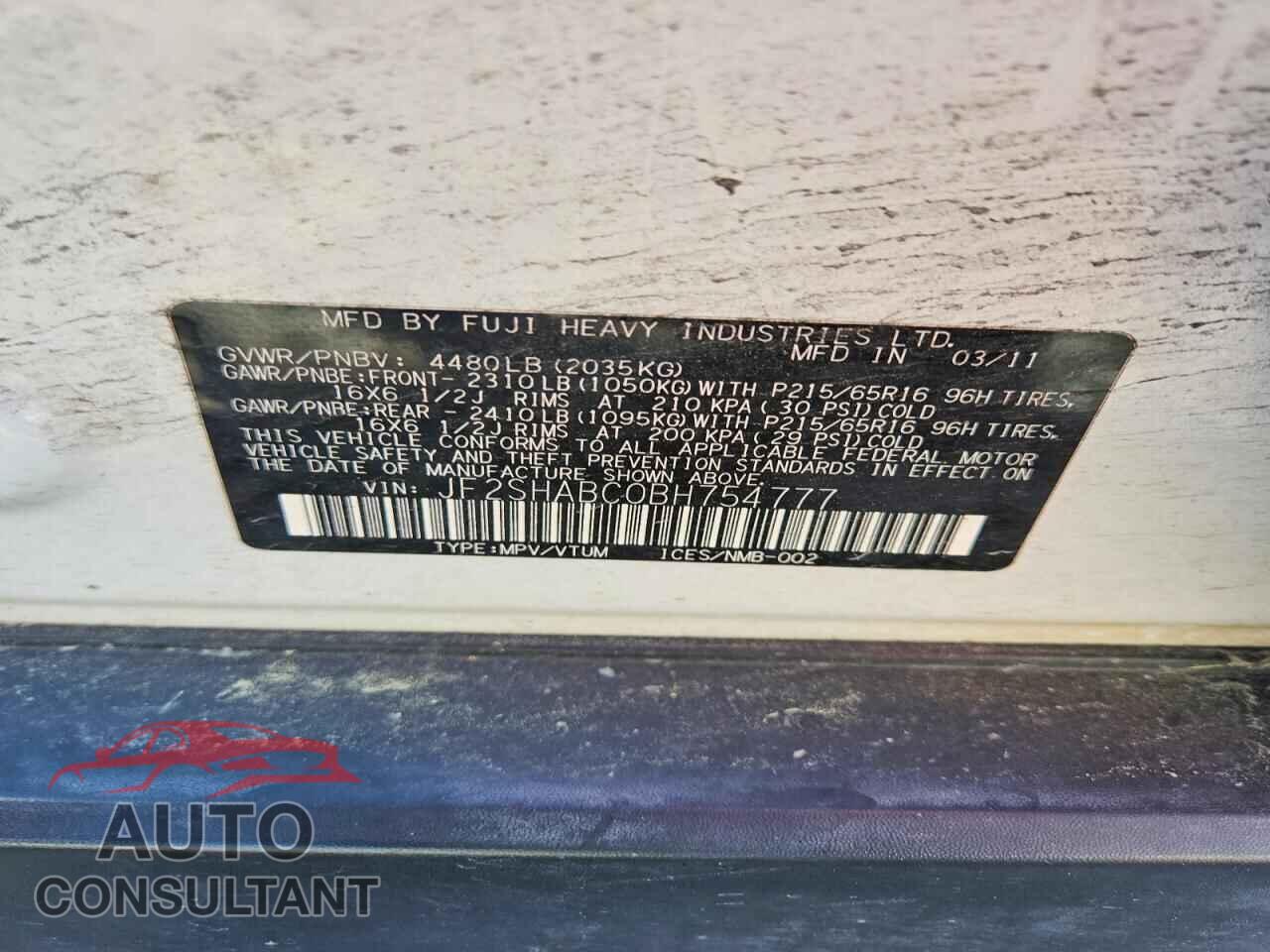 SUBARU FORESTER 2011 - JF2SHABC0BH754777