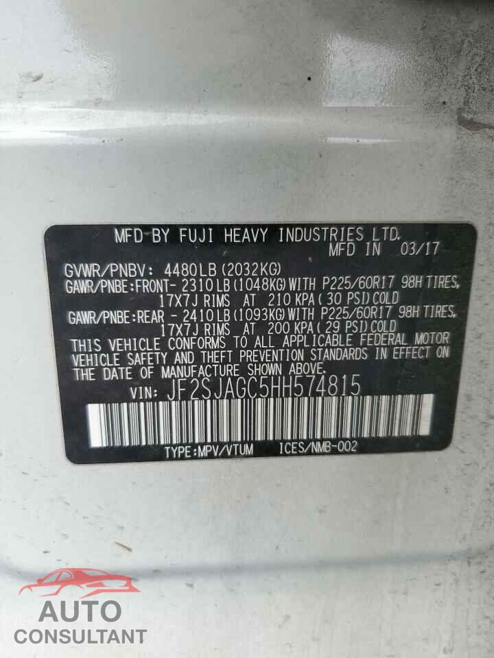 SUBARU FORESTER 2017 - JF2SJAGC5HH574815