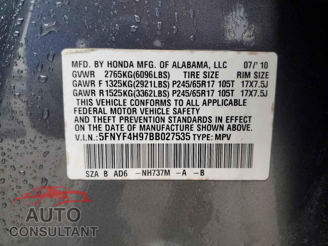 HONDA PILOT 2011 - 5FNYF4H97BB027535