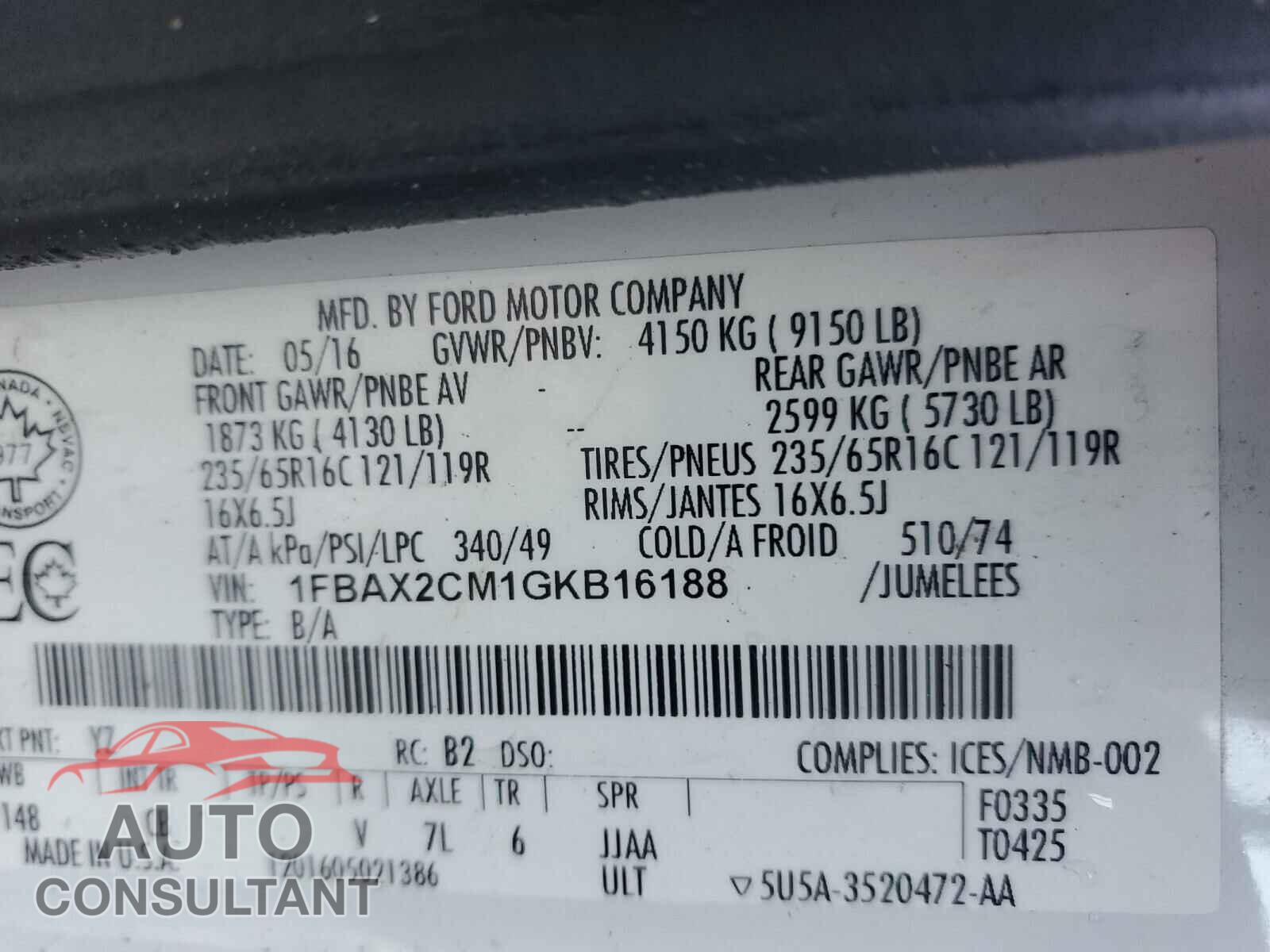 FORD TRANSIT CO 2016 - 1FBAX2CM1GKB16188