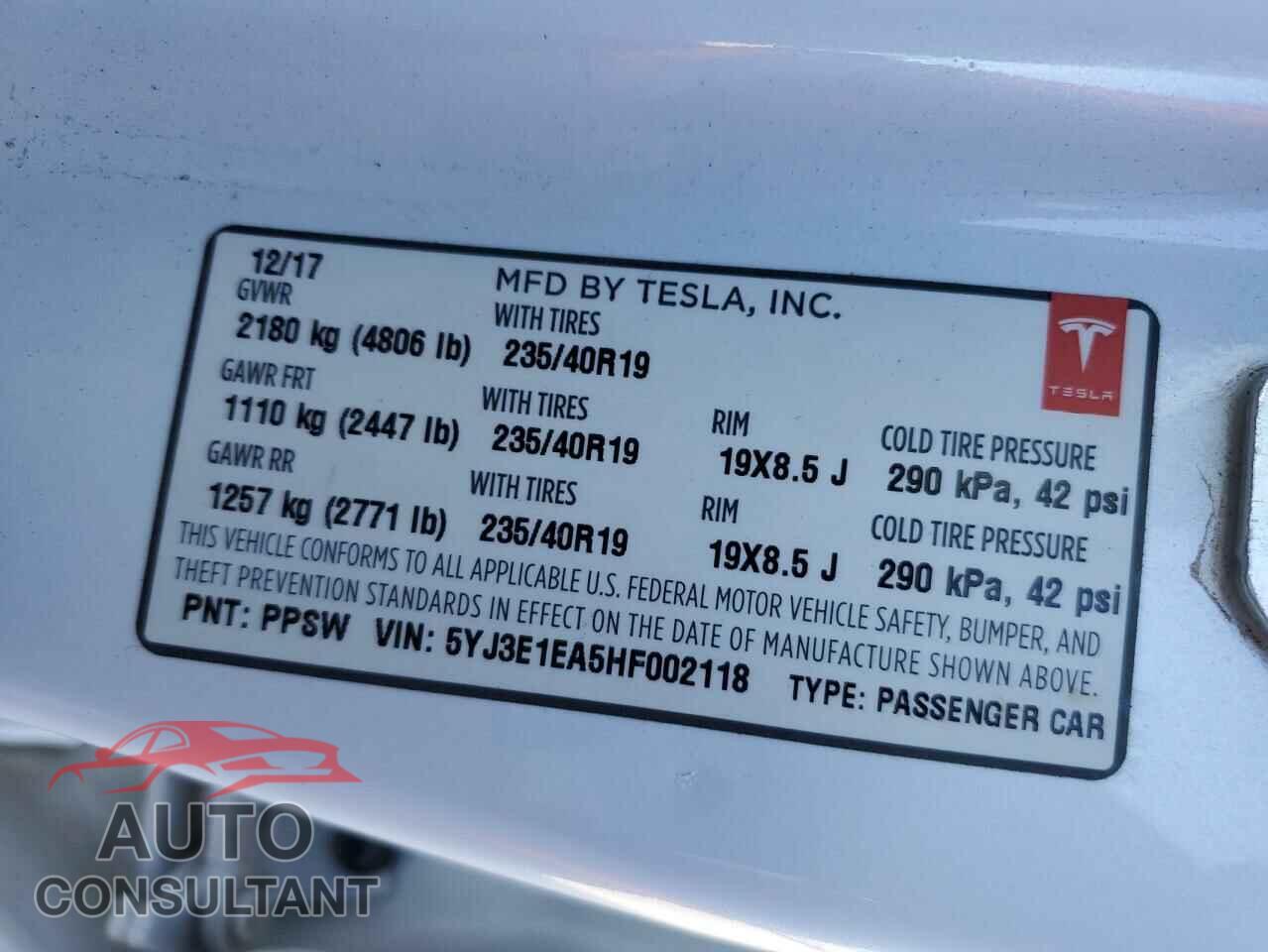 TESLA MODEL 3 2017 - 5YJ3E1EA5HF002118