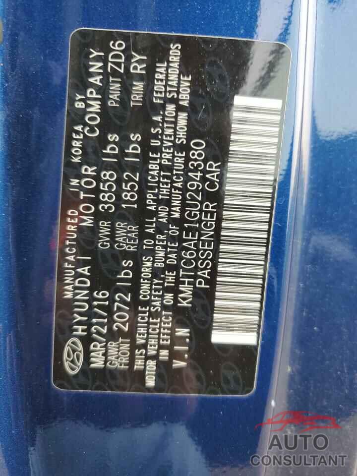 HYUNDAI VELOSTER 2016 - KMHTC6AE1GU294380