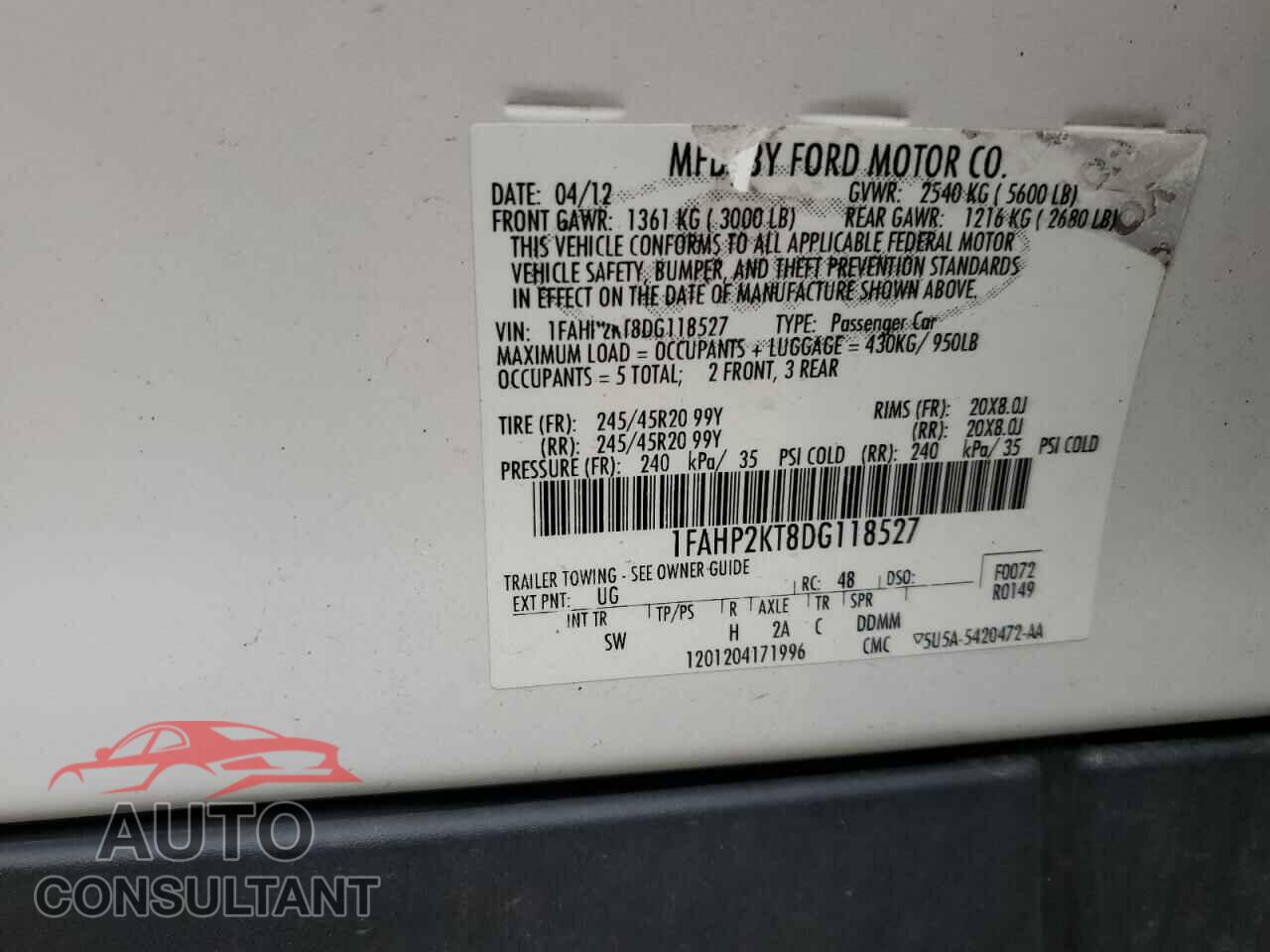 FORD TAURUS 2013 - 1FAHP2KT8DG118527