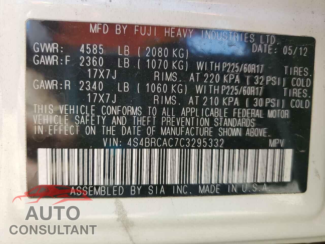 SUBARU OUTBACK 2012 - 4S4BRCAC7C3295332