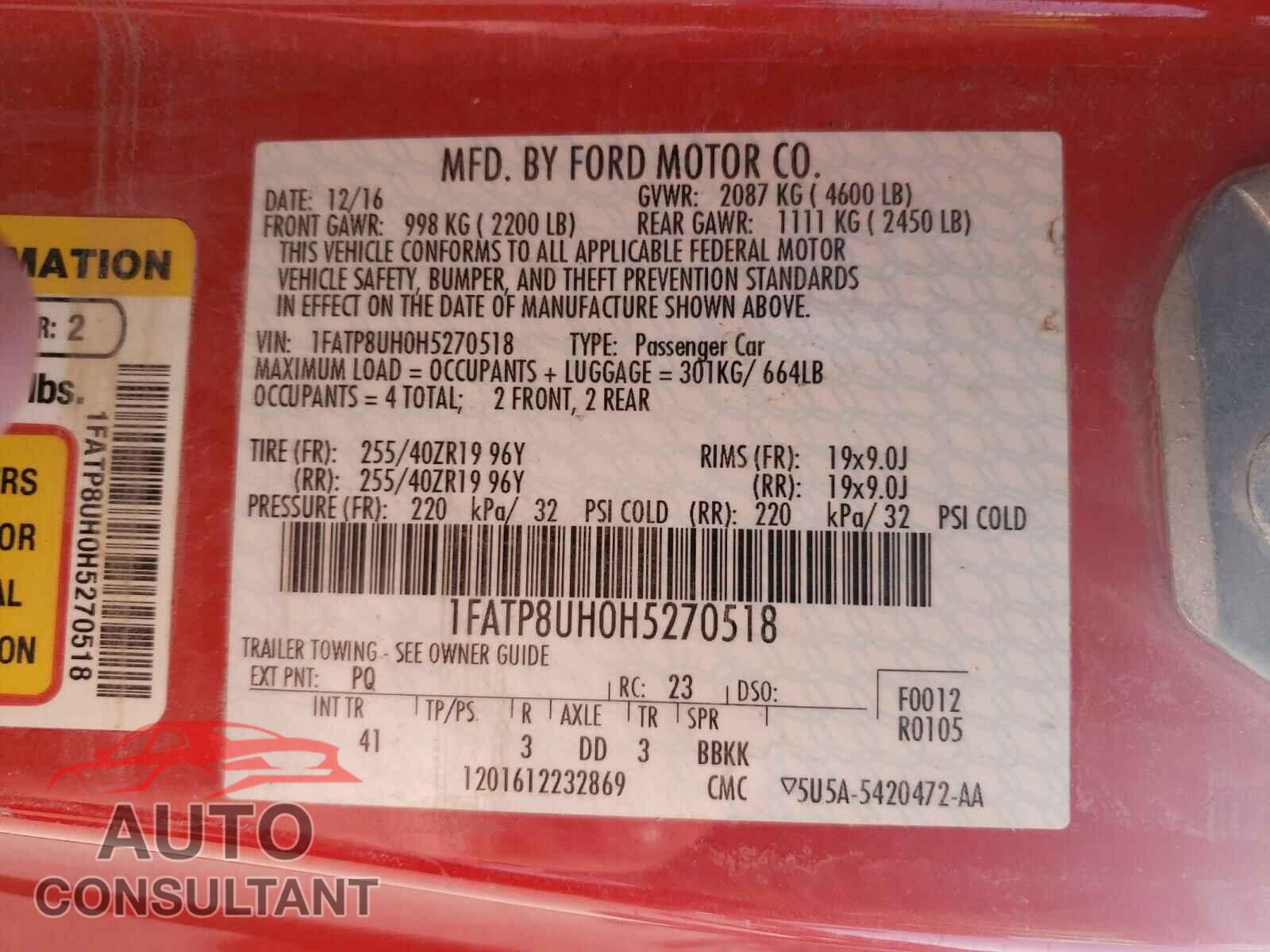 FORD MUSTANG 2017 - 1FATP8UH0H5270518