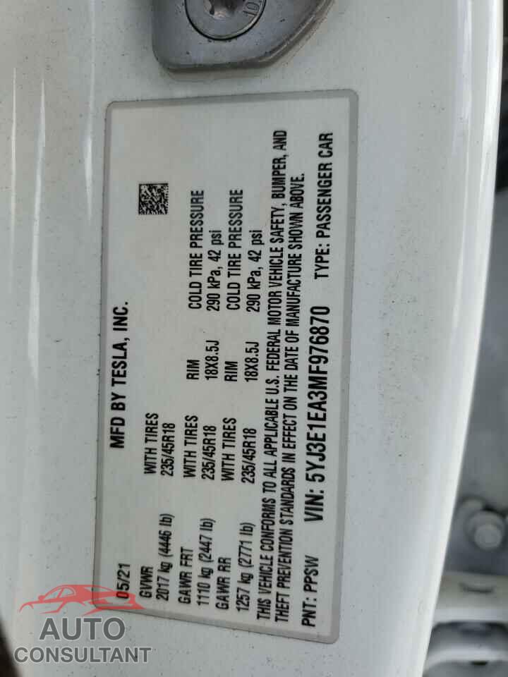 TESLA MODEL 3 2021 - 5YJ3E1EA3MF976870