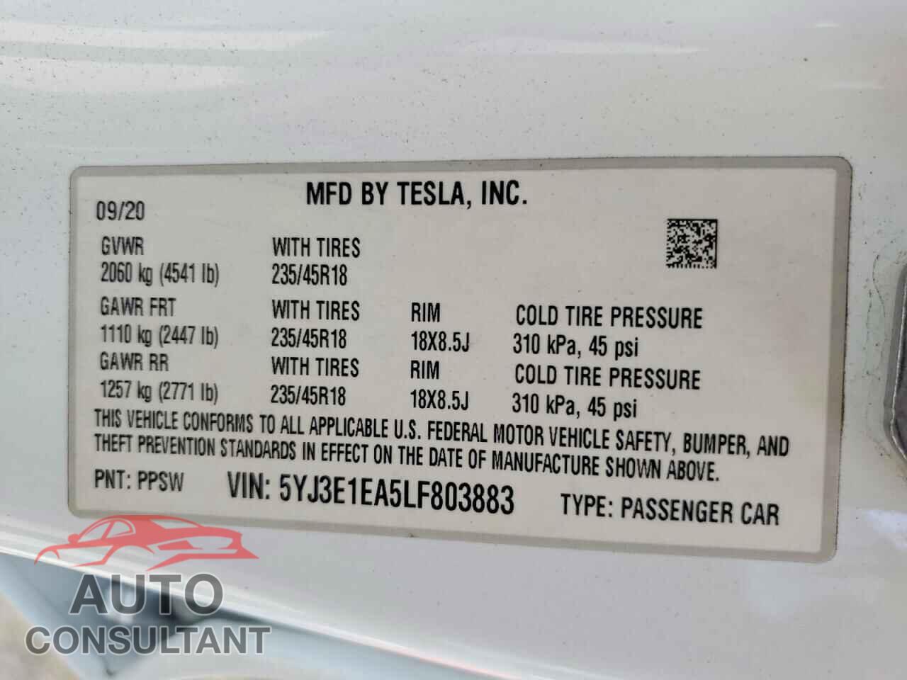 TESLA MODEL 3 2020 - 5YJ3E1EA5LF803883
