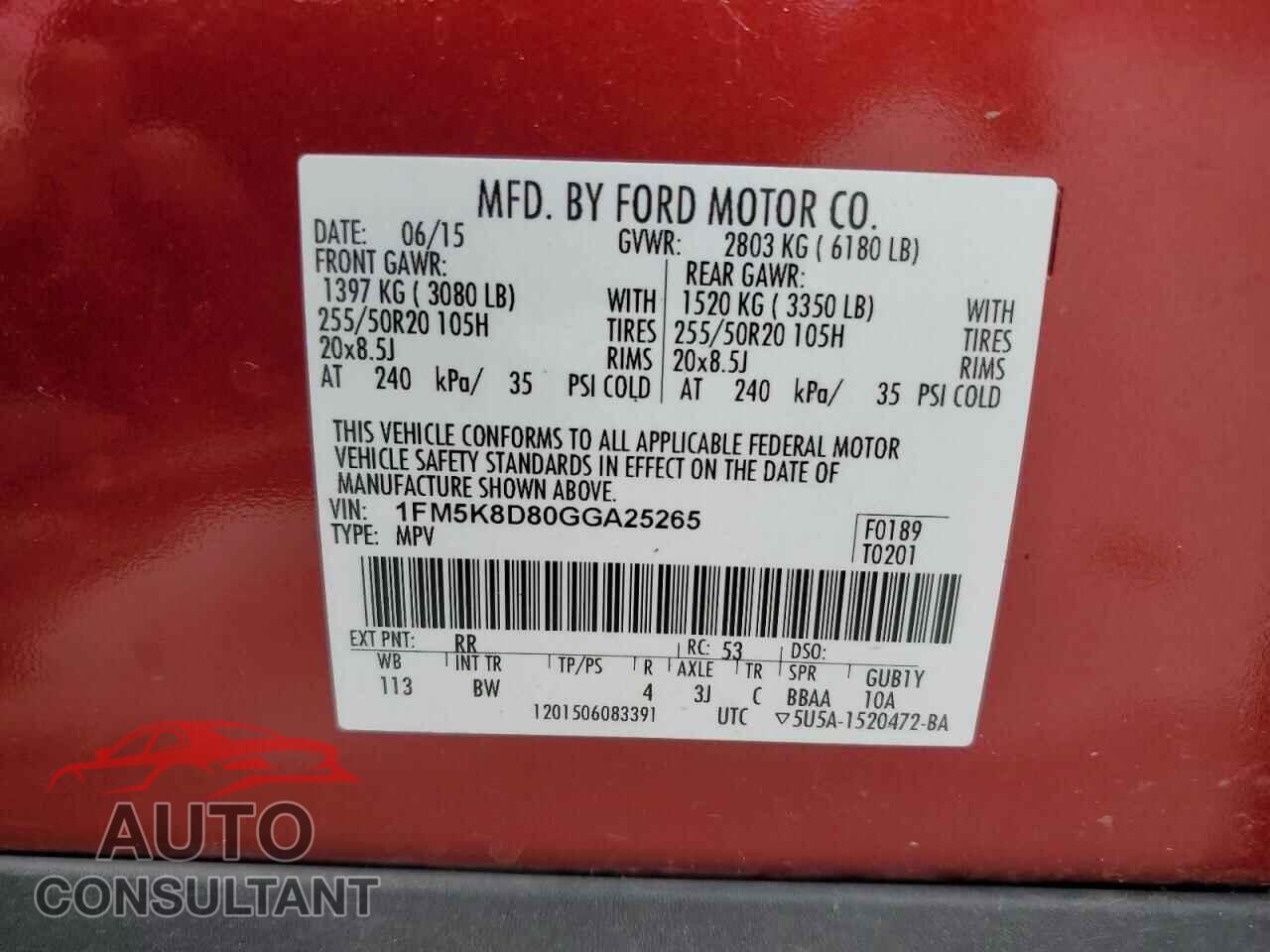 FORD EXPLORER 2016 - 1FM5K8D80GGA25265