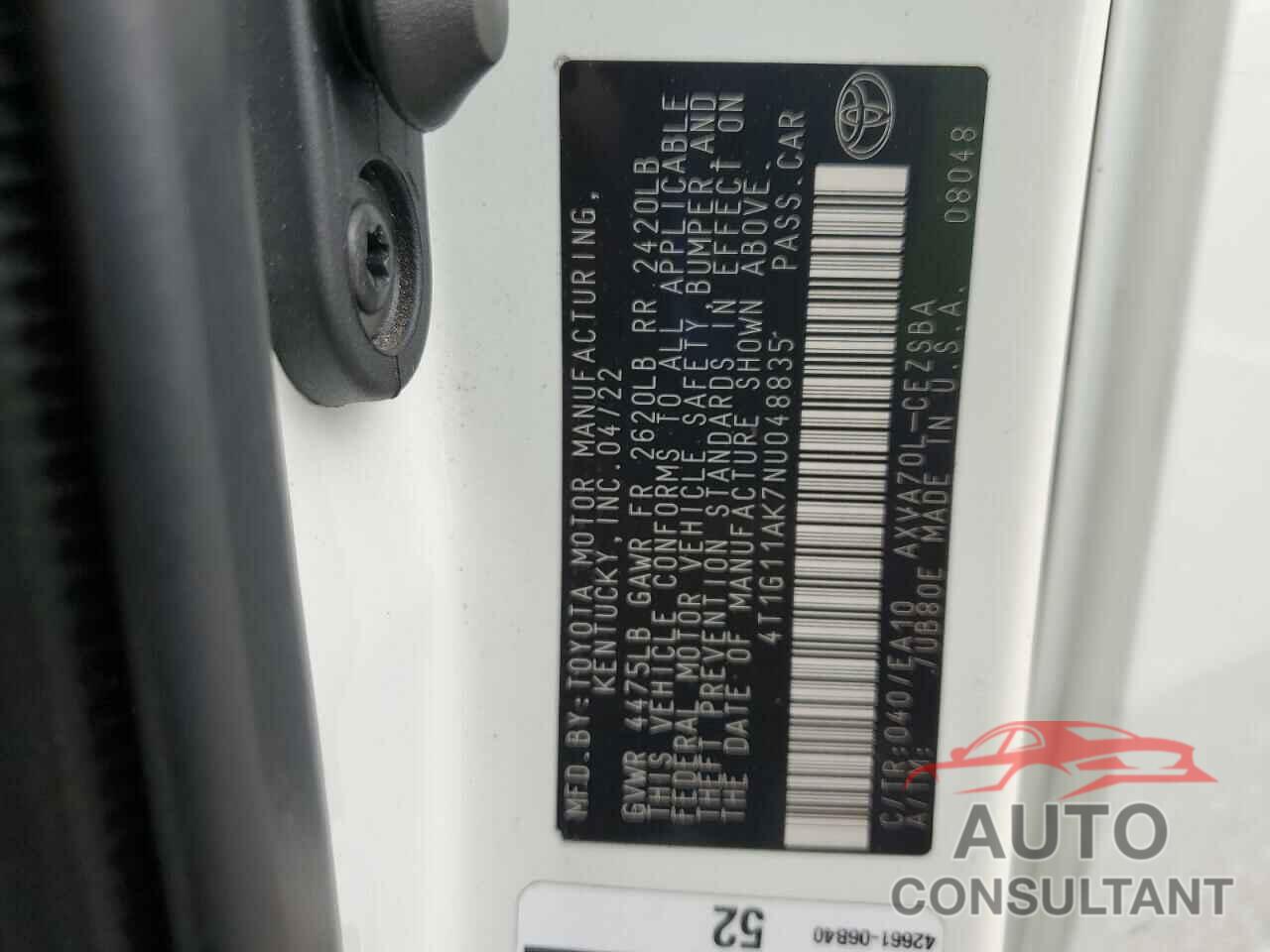 TOYOTA CAMRY 2022 - 4T1G11AK7NU048835