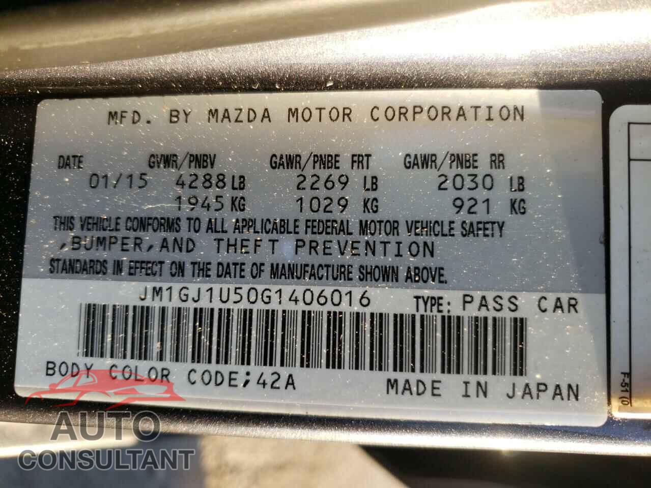 MAZDA 6 2016 - JM1GJ1U50G1406016