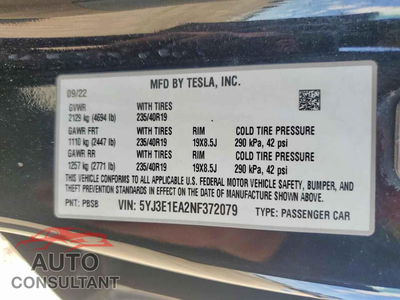 TESLA MODEL 3 2022 - 5YJ3E1EA2NF372079