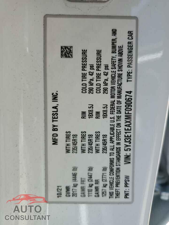 TESLA MODEL 3 2021 - 5YJ3E1EAXMF090674