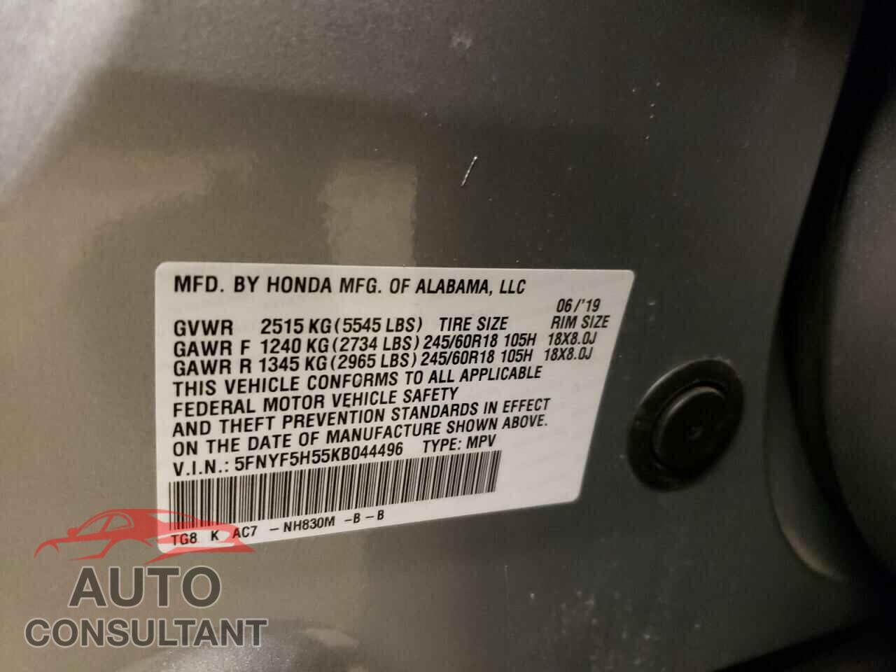 HONDA PILOT 2019 - 5FNYF5H55KB044496