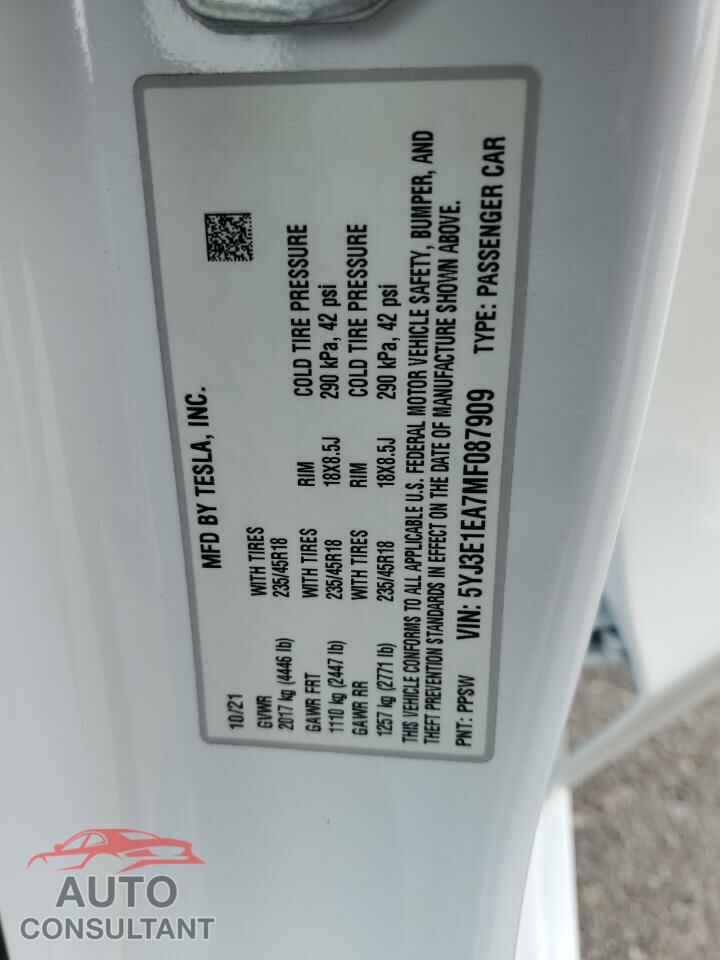 TESLA MODEL 3 2021 - 5YJ3E1EA7MF087909