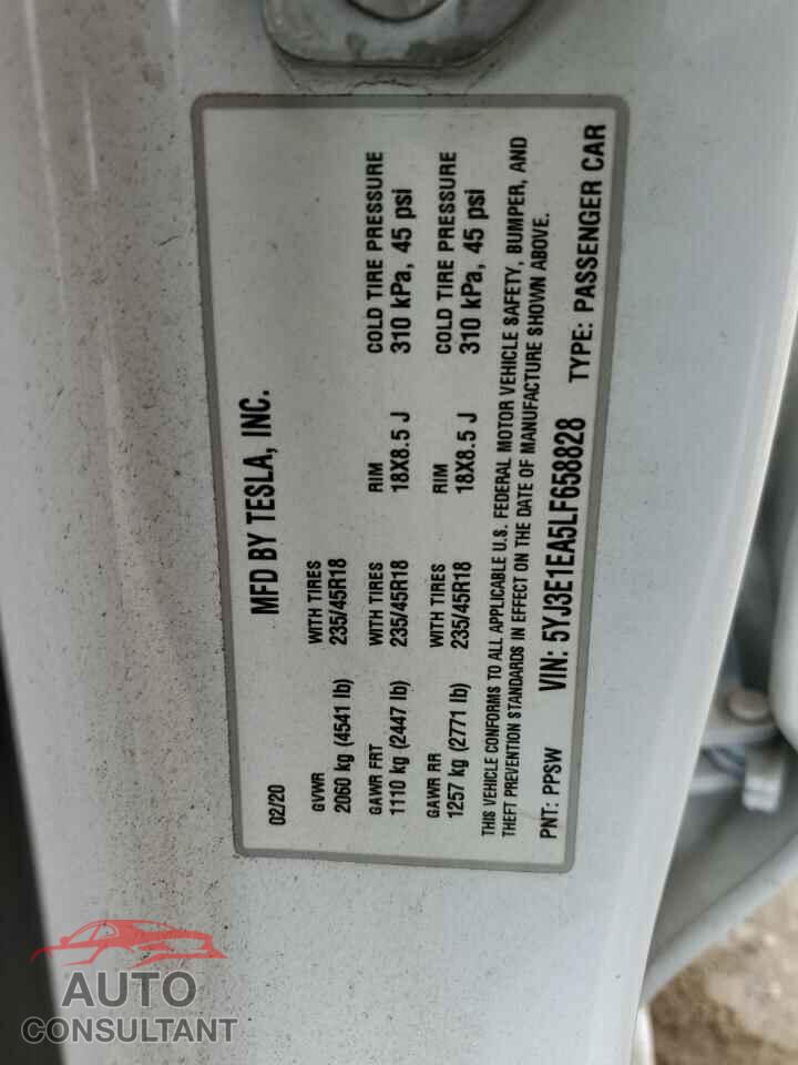 TESLA MODEL 3 2020 - 5YJ3E1EA5LF658828