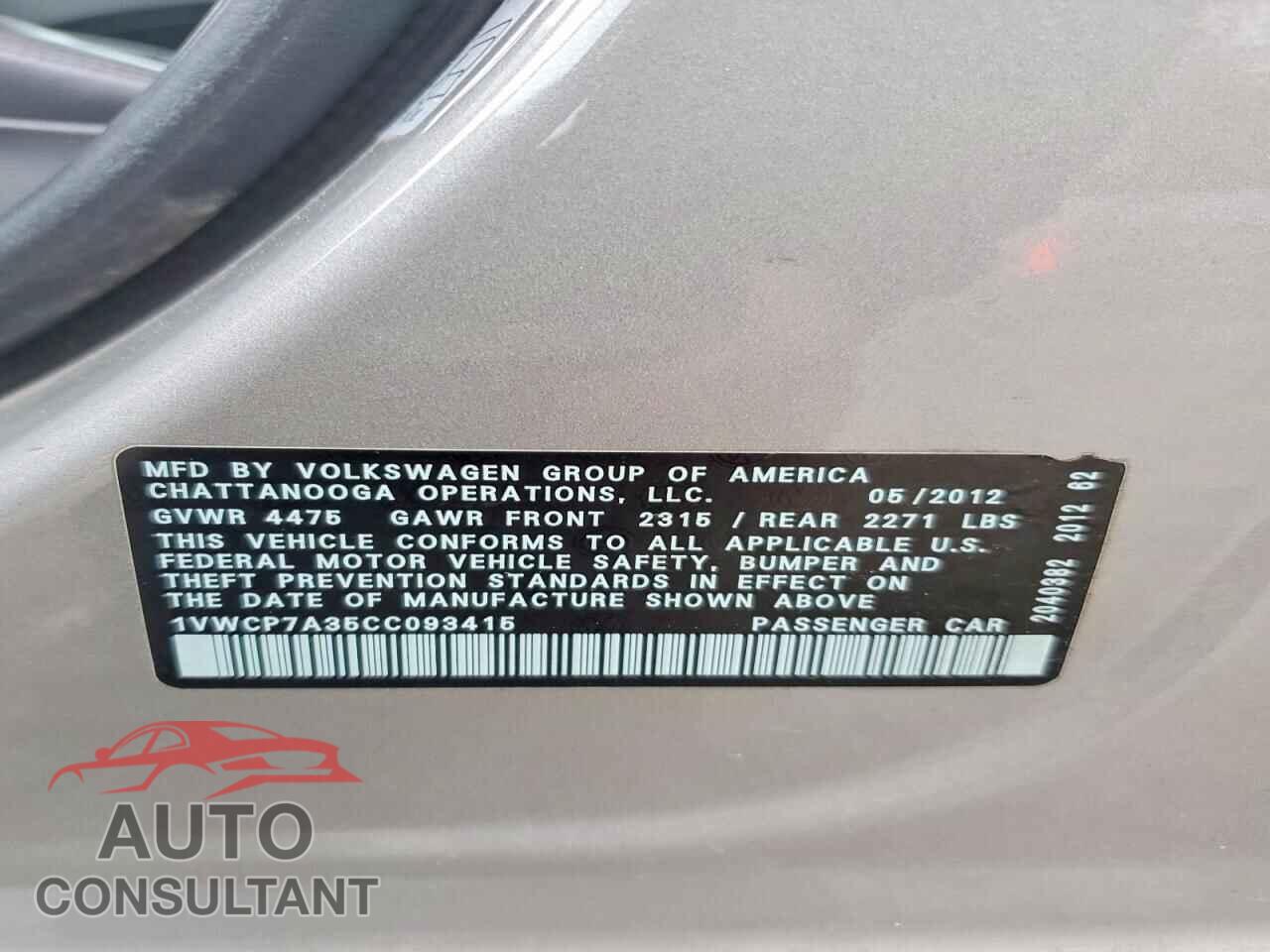 VOLKSWAGEN PASSAT 2012 - 1VWCP7A35CC093415