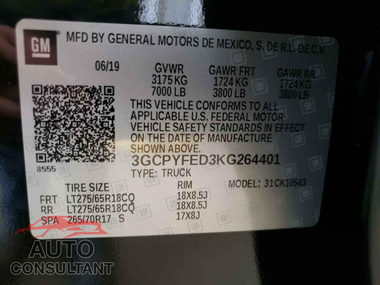 CHEVROLET SILVERADO 2019 - 3GCPYFED3KG264401