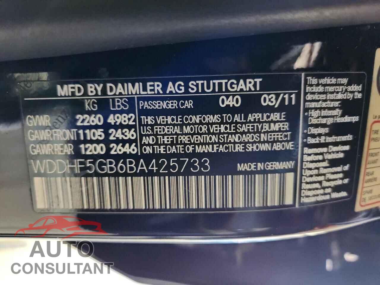 MERCEDES-BENZ E-CLASS 2011 - WDDHF5GB6BA425733