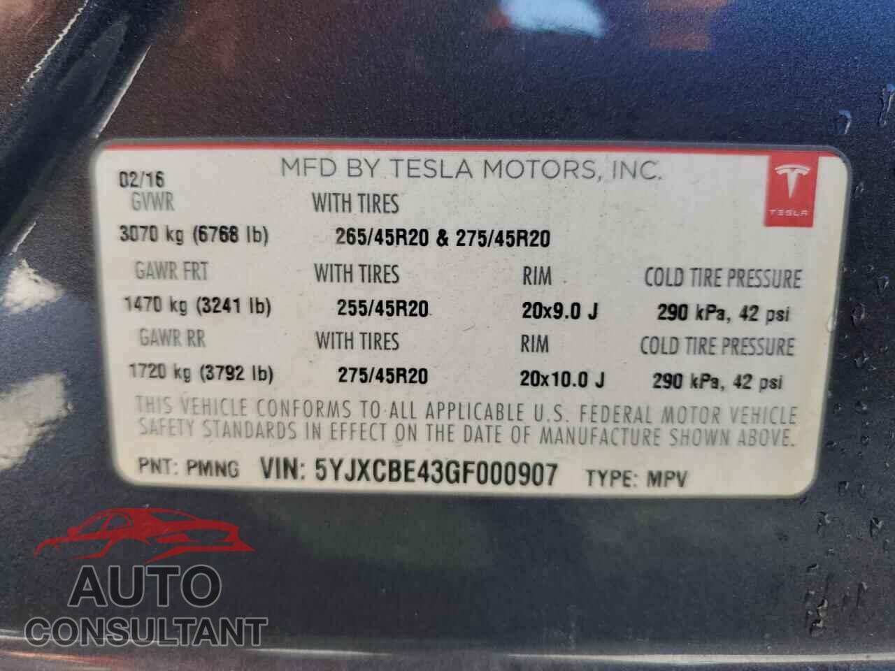 TESLA MODEL X 2016 - 5YJXCBE43GF000907