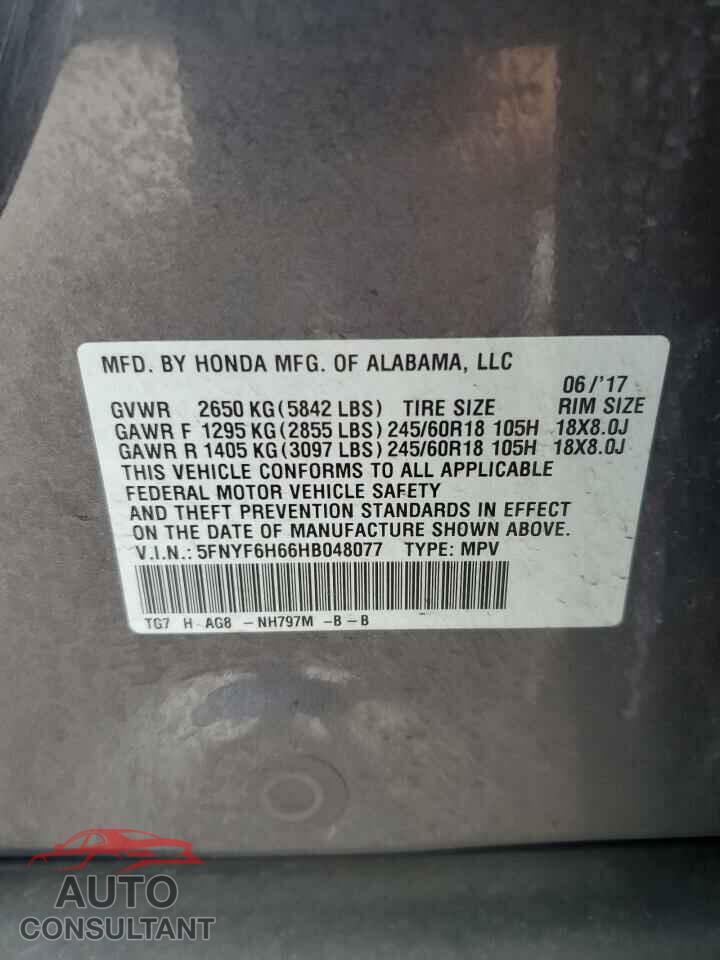 HONDA PILOT 2017 - 5FNYF6H66HB048077